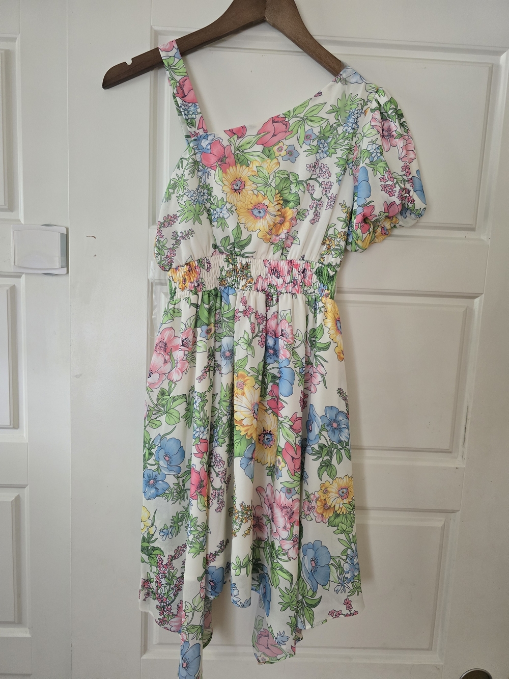 Girls' One-Shoulder Floral Dress - White with Multicolor Flowers